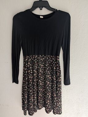 Black Long-Sleeve Floral Skater Dress